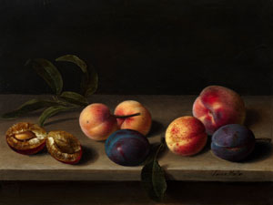 Louyse MOILLON Paris, 1610 - 1696 Nature morte aux fruits, pêches, abricots et prunes dont une ouverte, posés sur une table de bois Vendu 656 000 €