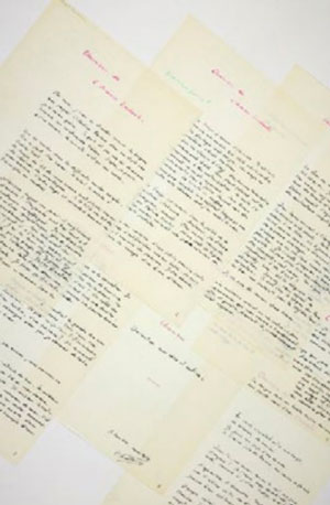 Marcel Broodthaers  Chronique de l’Amour Enchanté  Bruxelles, mars 1960  Manuscrit autographe signé de 7 pages, à l’encre noire, rouge et verte  Estimation : 20 000 - 25 000 €