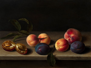 Louyse MOILLON (1610-1696) Pêches, abricots et prunes sur un entablement Huile sur panneau 25,50 x 34 cm  Estimation : 500 000 - 800 000 € 