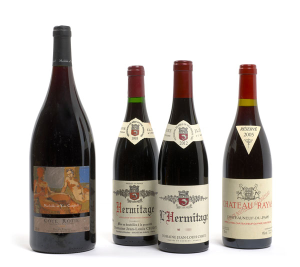 Lots 674, 776, 805, 643  Lot 674 : Côte-Rotie 1998 (1 500 – 1 600 €) Lot 776 : Hermitage 1993 (560 – 580 €) Lot 805 : Hermitage 2012 (240 – 260 €) Lot 643 : Châteauneuf du pape 2005 (1 200 – 1 300 €)