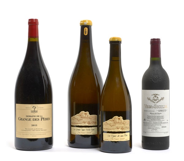 Lots 920, 881, 905, 934 Lot 920 : Domaine de la Grange des Pères 2013 (590– 610 €) Lot 881 : Côtes du Jura Chardonnay 2015 (290– 310 €) Lot 905 : Côtes du Jura Savagnin 2007 (400 - 440 €) Lot 934 : Espagne – Vega Sicilia (250 – 300 €)