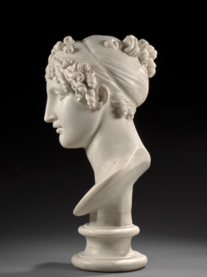 Antonio CANOVA (1757-1822)   Tête de Calliope ou Portrait présumé de Marie-Louise de Habsbourg, Impératrice des Français en Calliope, circa 1812 Marbre blanc   Hauteur : 56 cm  Provenance : Collection de la baronne et du baron Gaspard Gourgaud ; Puis par descendance ; Vente anonyme ; Paris, Four Seasons Hôtel, Tajan, 5 avril 2001, n° 77 ; Collection particulière, France  Estimation : 3 000 000 – 4 000 000 €