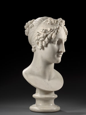 Antonio CANOVA (1757-1822)   Tête de Calliope ou Portrait présumé de Marie-Louise de Habsbourg, Impératrice des Français en Calliope, circa 1812 Marbre blanc   Hauteur : 56 cm  Provenance : Collection de la baronne et du baron Gaspard Gourgaud ; Puis par descendance ; Vente anonyme ; Paris, Four Seasons Hôtel, Tajan, 5 avril 2001, n° 77 ; Collection particulière, France  Estimation : 3 000 000 – 4 000 000 €