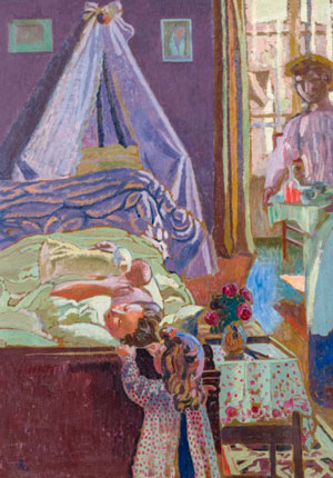 Maurice Denis (1870–1943)  La première têtée ou La chambre violette, 1906  Huile sur carton sur panneau  89,5 x 60,5 cm  Estimation : 150 000 - 200 000 CHF