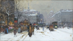 Eugène Galien-Laloue Paris, 1854 - Chérence, 1941 Le théâtre Sarah Bernhardt, place du Châtelet sous la neige Gouache sur trait de c...