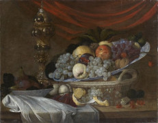 Attribué à Michiel Simons Utrecht, 1620 - 1673 Nature morte au plat de fruits et pokal sur un entablement Toile