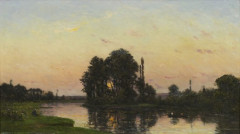 Hippolyte-Camille Delpy Joigny, 1842 - Paris, 1910 Lavandières au soleil couchant Huile sur panneau