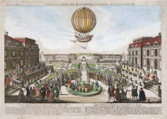 Ascension du premier ballon à gaz hydrogène avec équipage Eau-forte coloriée à la main, vue optique