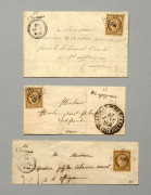 N°1 2 Lettres affr. 10c. bistre obl. los. PC avec cachet dateur B, 25 oct. 1852 avec cursive du bureau de distribution 11 Cornus, à...