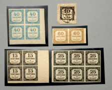 N° 2 10c. noir, piquage de Clamecy, obl. sur petit fragment - N° 3 15c. noir. Bloc de quatre neuf, cdf - N°6  30c. noir. Bloc de six...