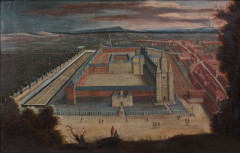 ECOLE FLAMANDE DU XVIIEME SIECLE VUE D'UNE ABBAYE BORDANT UNE VILLE DU NORD Huile sur toile (Restaurations)68 x 108 cm (26,52 x 42,12 i