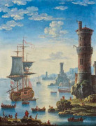 ATTRIBUE A ORAZIO GREVENBROECK Paris, 1670 - (?), 1743 MARINE ANIMEE DE PERSONNAGES A L'ENTREE D'UN PORT Huile sur toile