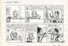 André FRANQUIN1924 – 1997GASTON LAGAFFEEncre de Chine et gouache pour une planche en 2 strips. Inscription au feutre « Gaston 392 » ...