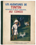 HERGÉ TINTIN N°02 TINTIN AU CONGO Édition du Petit Vingtième, 1931. Petite image imprimée au 1er plat. 4ème plat P2-ter, dos toilé vert