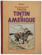 HERGÉ TINTIN N°03 TINTIN EN AMÉRIQUE Casterman, 1939. Petite image collée, 4ème plat A8. Pages de garde grises, 4 hors-texte couleur. A