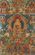 THANGKA DE BOUDDHA SHAKYAMUNI ENCADRÉE, TIBET, XIXe SIÈCLE