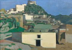 Jacques MAJORELLE 1886 - 1962 Djebel Zerhoun, le moulin à l'huile ou Le mur blanc, Moulay Idriss (Moyen Atlas) Huile sur panneau