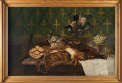 A. MEYER Tableau de chasse Huile sur toile. Signé A. MEYER en bas à gauche et daté 1869. 100 x 150 cm.