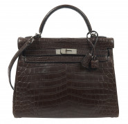 HERMÈS 2002  Sac KELLY 32 Crocodile du Nil mat Cocaon (Crocodylus Niloticus) II/B Garniture métal argenté palladié  KE...