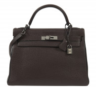 HERMÈS 2005  Sac KELLY 32 Veau Togo Ébène Garniture métal argenté ruthénium  KELLY 32 bag Ébène Togo calfskin leathe...