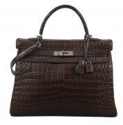 HERMÈS 2002  Sac KELLY 35 Crocodile du Nil Cocaon (Crocodylus niloticus) II/B Doublure en toile beige Garniture métal ar...