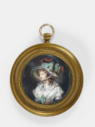 Ecole française du XIXe siècle Suiveur de Peter Adolph Hall Portrait de femme au chapeau orné de plumes et rubans verts Miniature de...