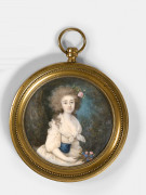 Pio-Ignazio-Vittoriano Campana Turin, 1744 - Paris, 1786 Portrait de jeune femme au bouquet en robe blanche à ceinture bleue, dans u...