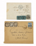 ENVELOPPES - Lot de lettres affranchies dont : une enveloppe aff. 15 c. sage avec taxe 30 c. non dentelé obl. cachet à date Bagnères...