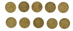 FRANCE 20 Francs. Génie. 1 p. 1871, 2 p. 1874, 2 p. 1875, 2 p. 1876, 1 p. 1877, 1 p. 1879, 1 p; 1892. Ensemble de 10 pièces or. Po...