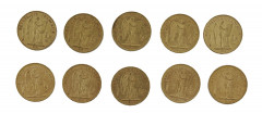 FRANCE 20 Francs. Génie. 1 p. 1889, 1 p. 1891, 6 p. 1893, 1 p. 1894, 1 p. 1895. Ensemble de 10 pièces or. Poids : 64.16 g.