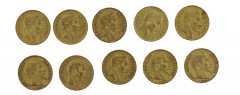 FRANCE 20 Francs. Napoléon III, Tête laurée, 1 p. 1868, 3 p. 1869, 2 p. 1870 ; Louis Napoléon, 5 p. 1852. Ensemble de 10 pièces or...