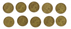 FRANCE 20 Francs. Cérès. 2 p. A1849, 1 p. A1850, 7 p. A1851. Ensemble de 10 pièces or. Poids : 63.88 g.