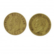 CHARLES FELIX 20 lire. Turin. 1828. (FR. 1136). VICTOR EMMANUEL II (1861-1878). 20 lire. Turin. 1863. (Fr. 11). Or. Ens. 2 p. Très B...