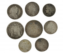 Louis XIV, ½ écu mèche longue, Saint-Lô, 1652. 5 francs an IX. 5 francs 1873. 2 francs (2). Jetons (3). Ens. 8 p. TB et Très Beau.