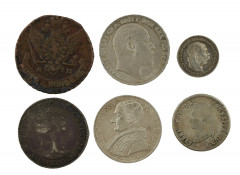 Russie, Catherine II, 6 kopecks 1791. Bolivie, 4 soles. Italie, Grégoire XVI, médaille. Grande-Bretagne, couronne 1902. Guatemala, 8...