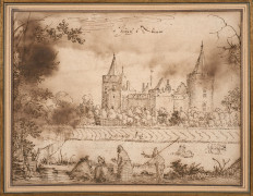 Claes Jansz. Visscher Amsterdam, vers 1587 - 1652 Recto : Vue du château d'Abcoude ; Verso : Paysage au moulin Plume et encre brune