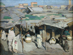 Jacques MAJORELLE 1886-1962 Souk de la farine ou Souk à Marrakech - 1920 Huile sur panneau