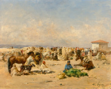 Victor HUGUET 1835 - 1902 Scène de marché Huile sur panneau