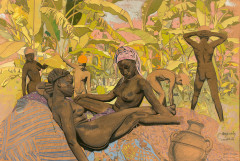 Jacques MAJORELLE 1886 - 1962 Nus dans le jardin - Circa 1935 - 1937 Détrempe sur papier à rehauts de poudre métallique argent sur p...