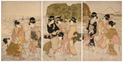 Kitagawa Utamaro (1753 - 1806) Jeunes femmes au bord de l'eau se promenant, l'une d'entre elles se baisse pour attacher la corde de