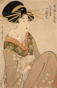 Kitagawa Utamaro (1753 - 1806) Portrait de Hitomoto de la maison Daimonjiya assise tenant une pipe, de la série Sélection des six ma...