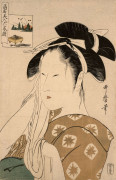 Kitagawa Utamaro (1753 - 1806) Portrait en buste (okubi-e) de la veuve d'Asahiya se nettoyant le visage avec un tissu (Asahiya goke)..