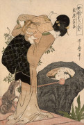 Kitagawa Utamaro (1753 - 1806) Le prêtre Huiyuan: jeune femme avec un enfant se regardant dans une flaque d'eau, le rocher avec trac..