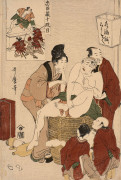 Kitagawa UTAMARO (1753?-1806) Acte X (Jûdanme), marchand d'huile pour les cheveux ayant attrapé un homme peu vêtu assis sur une jarr..