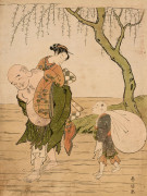 Suzuki Harunobu (1725-1770) Hotei au gué, portant une jeune femme et traversant une rivière