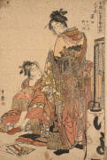 Kitagawa Utamaro (1753 - 1806) Ogie se préparant pour une performance Omando, Oiyo se tient debout près d'une lanterne et d'un parav.