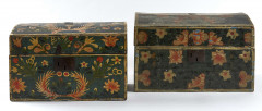 DEUX COFFRETS DE MARIAGE A décor polychrome de fleurs et rinceaux. Dim. : 44 x 28 x 30 cm et 40 x 26 x 24 cm FRANCE, art populai...