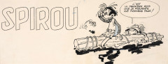 André FRANQUIN  1924-1997 Spirou et Gaston Lagaffe Encre de Chine et crayon bleu pour le bandeau-titre du journal Spirou n°109...