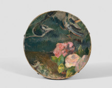 Paul GAUGUIN 1848 - 1903 Fleurs et oiseau, décor de tambourin - Circa 1884-1886 Huile sur peau