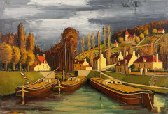 Bernard BUFFET 1928 - 1999 Conflans Sainte-Honorine, l'écluse sur la Seine - 1973 Huile sur toile